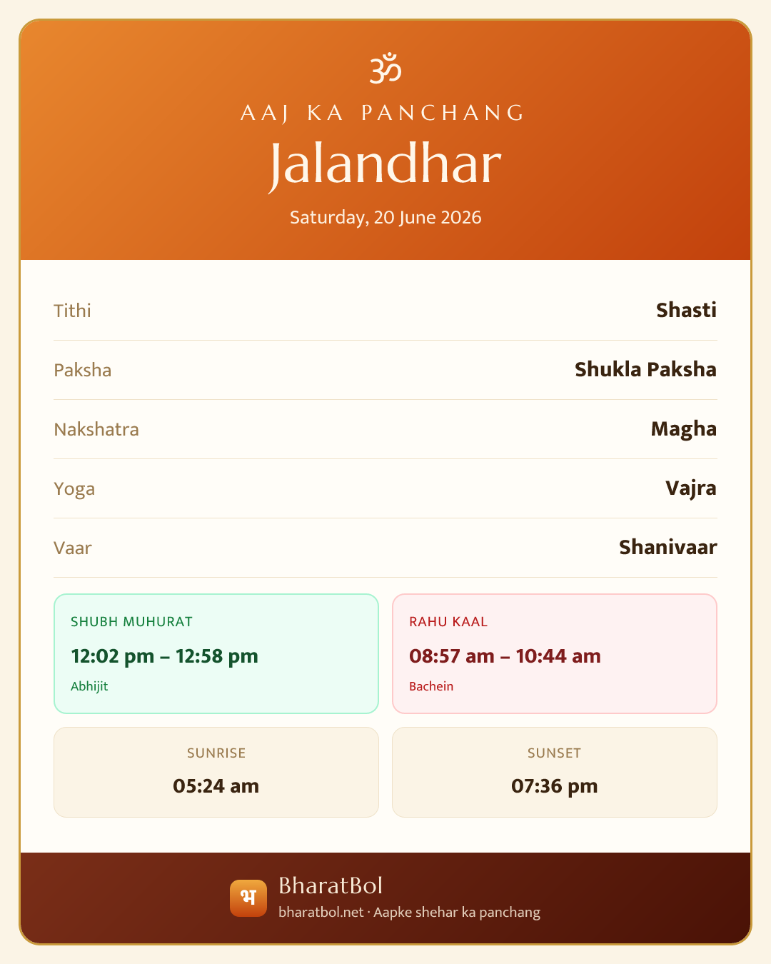 Jalandhar ka aaj ka panchang card