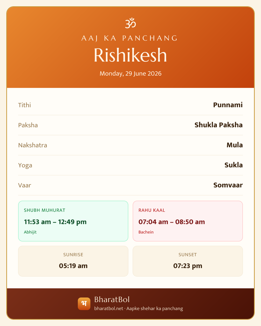 Rishikesh ka aaj ka panchang card