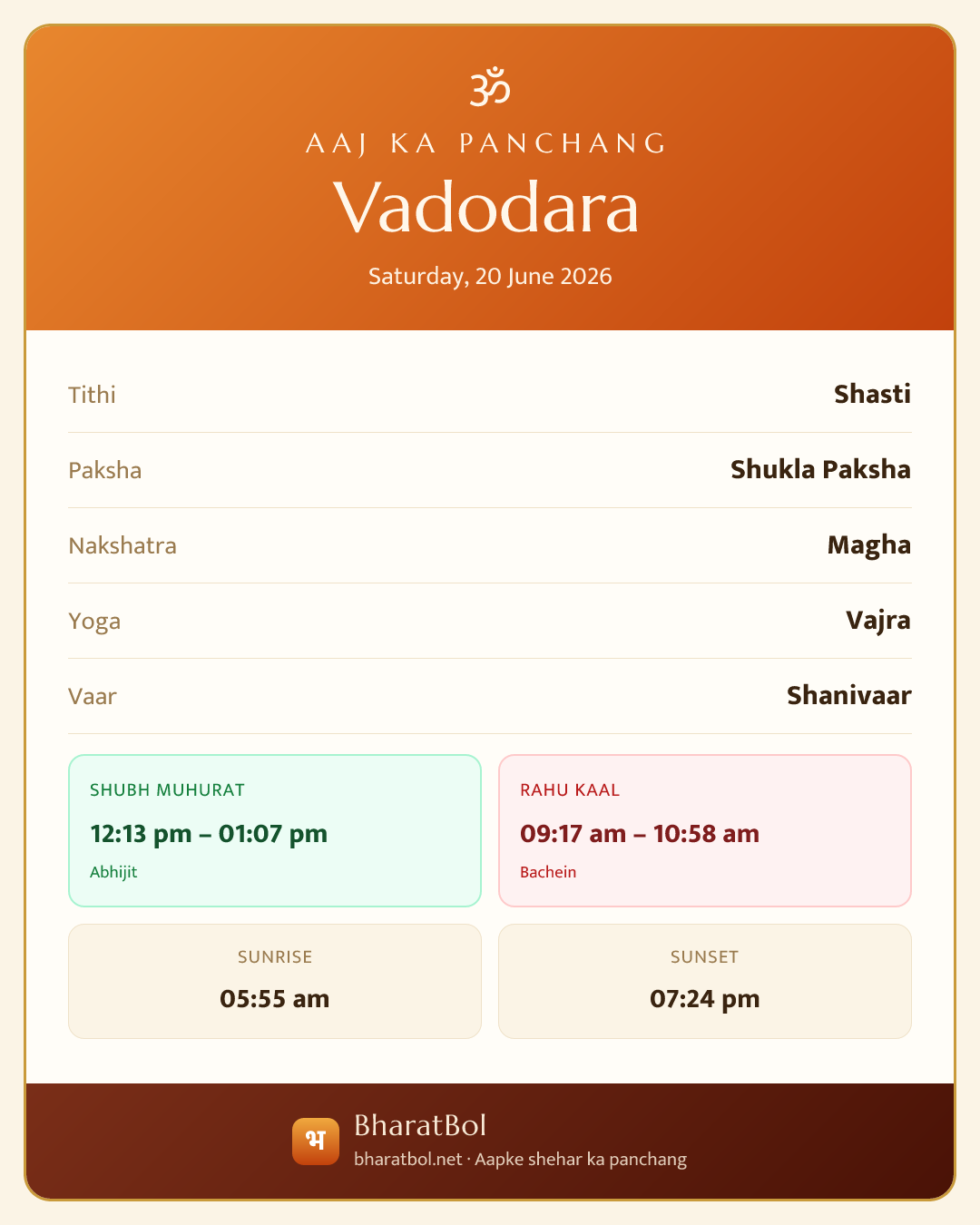 Vadodara ka aaj ka panchang card