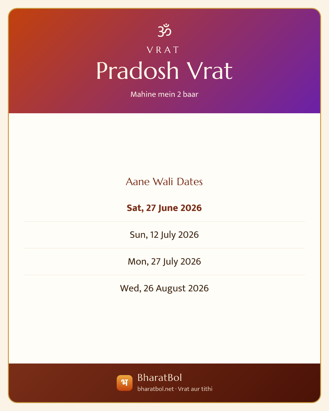 Pradosh Vrat ki dates card